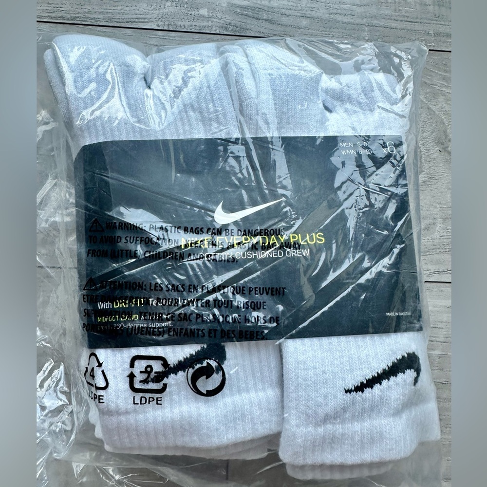 Nike White Crew Athletic Socks with Black Swoosh - Pack of 6